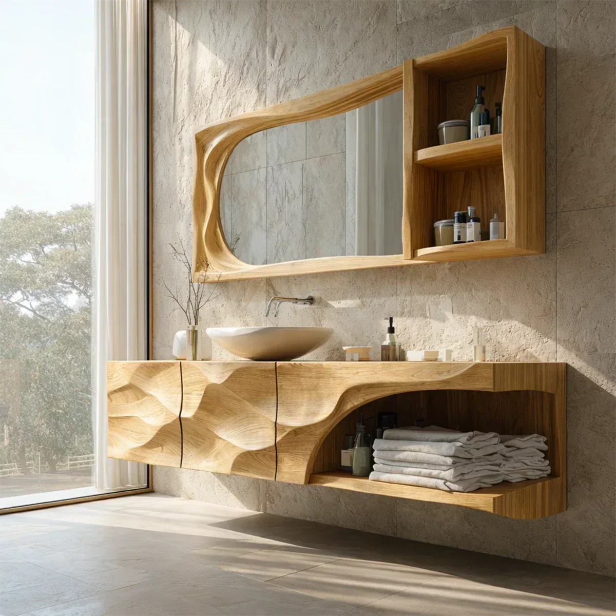 Floating Solid Wood Bathroom Vanity – Hand-Carved Natural Wood Storage Cabinet - Rustiracraft 