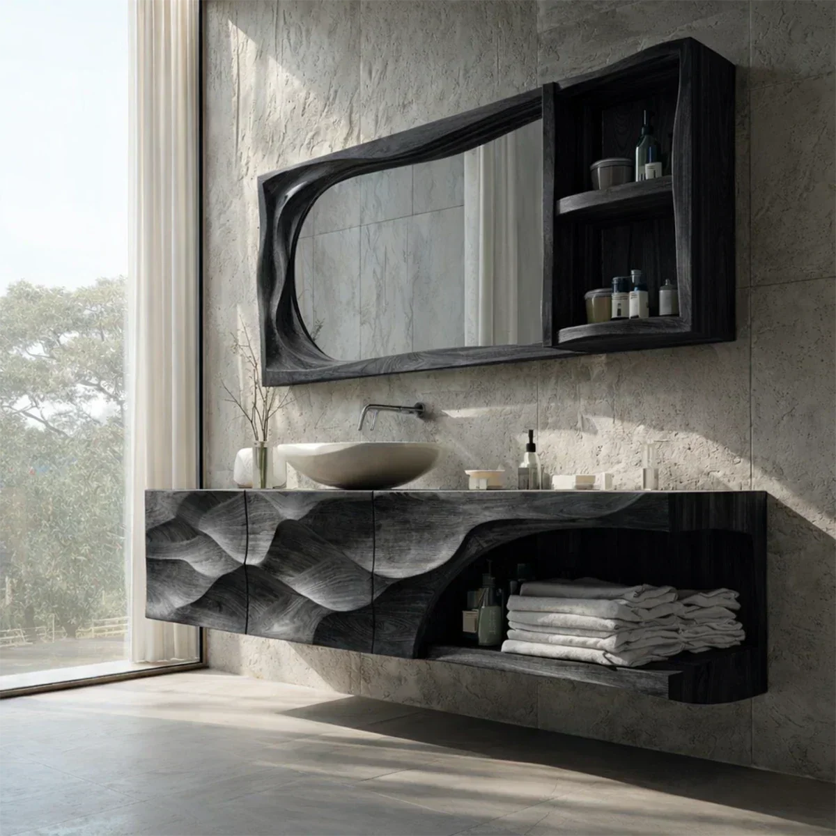 Floating Solid Wood Bathroom Vanity – Hand-Carved Natural Wood Storage Cabinet - Rustiracraft 