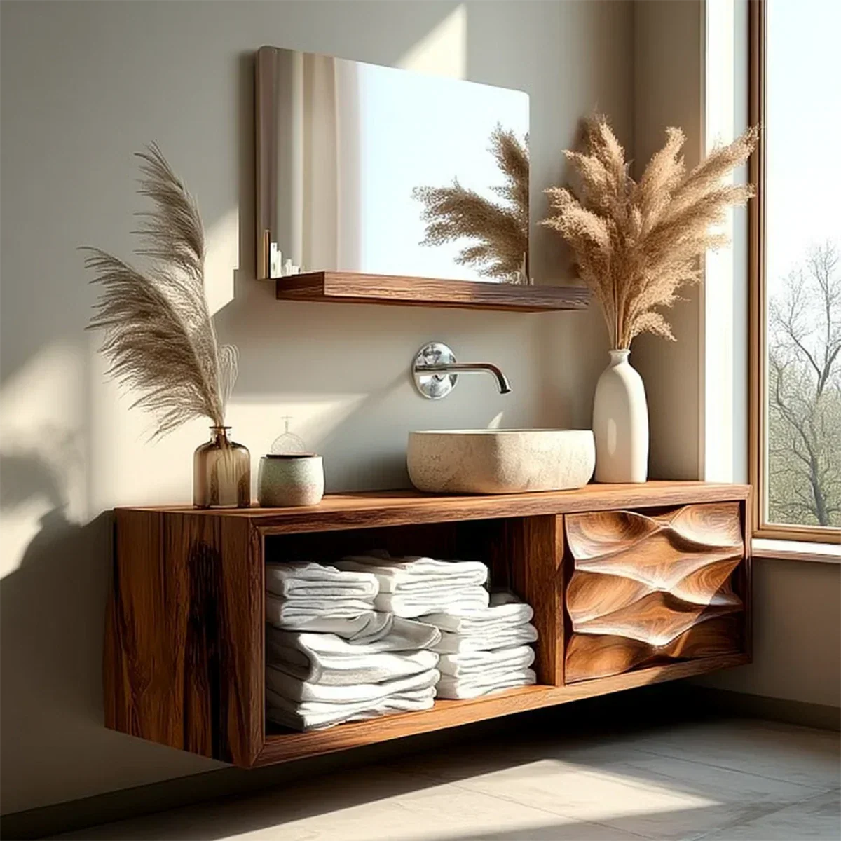 Floating Solid Wood Bathroom Vanity – Hand-Carved Natural Wood Storage Cabinet - Rustiracraft 