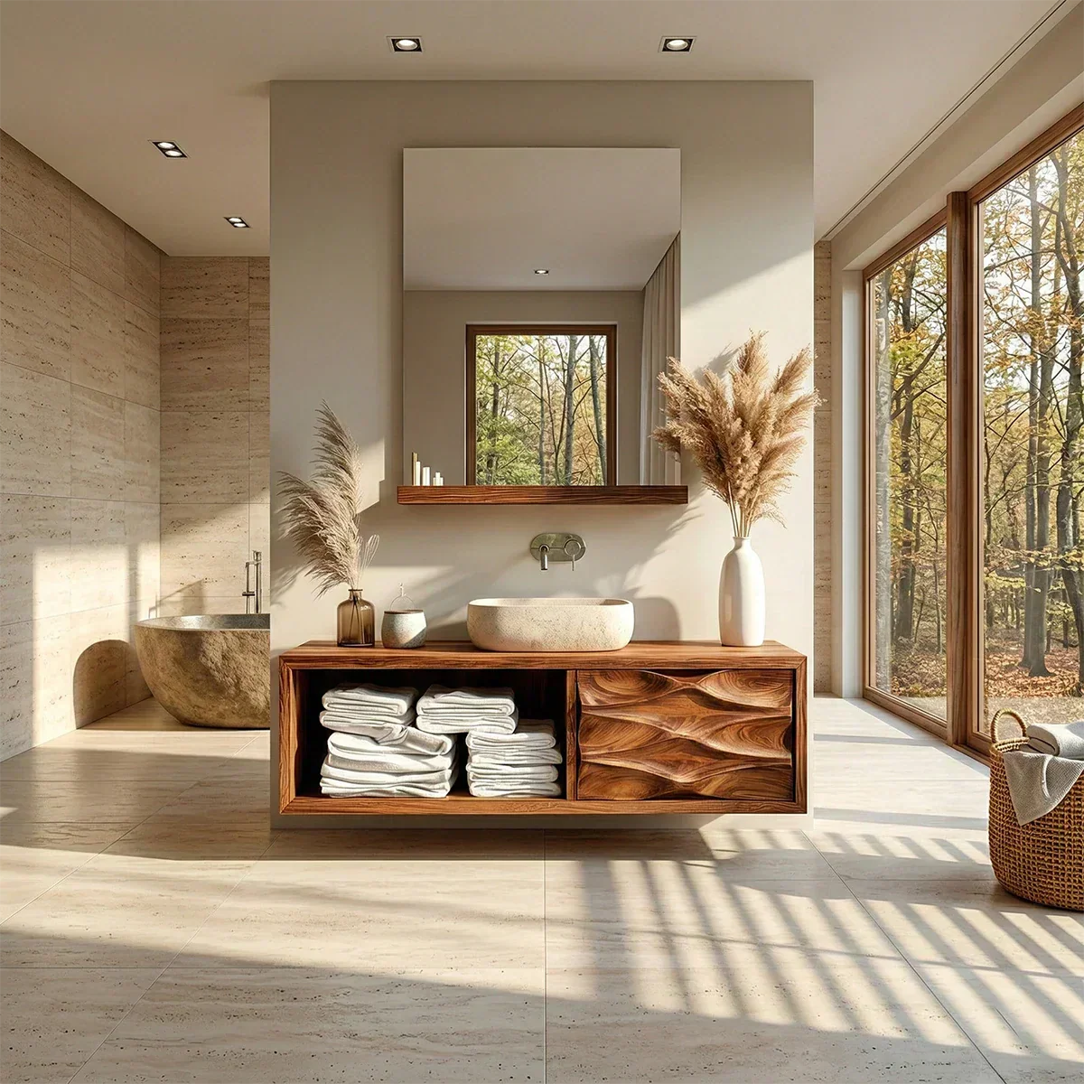 Floating Solid Wood Bathroom Vanity – Hand-Carved Natural Wood Storage Cabinet - Rustiracraft 