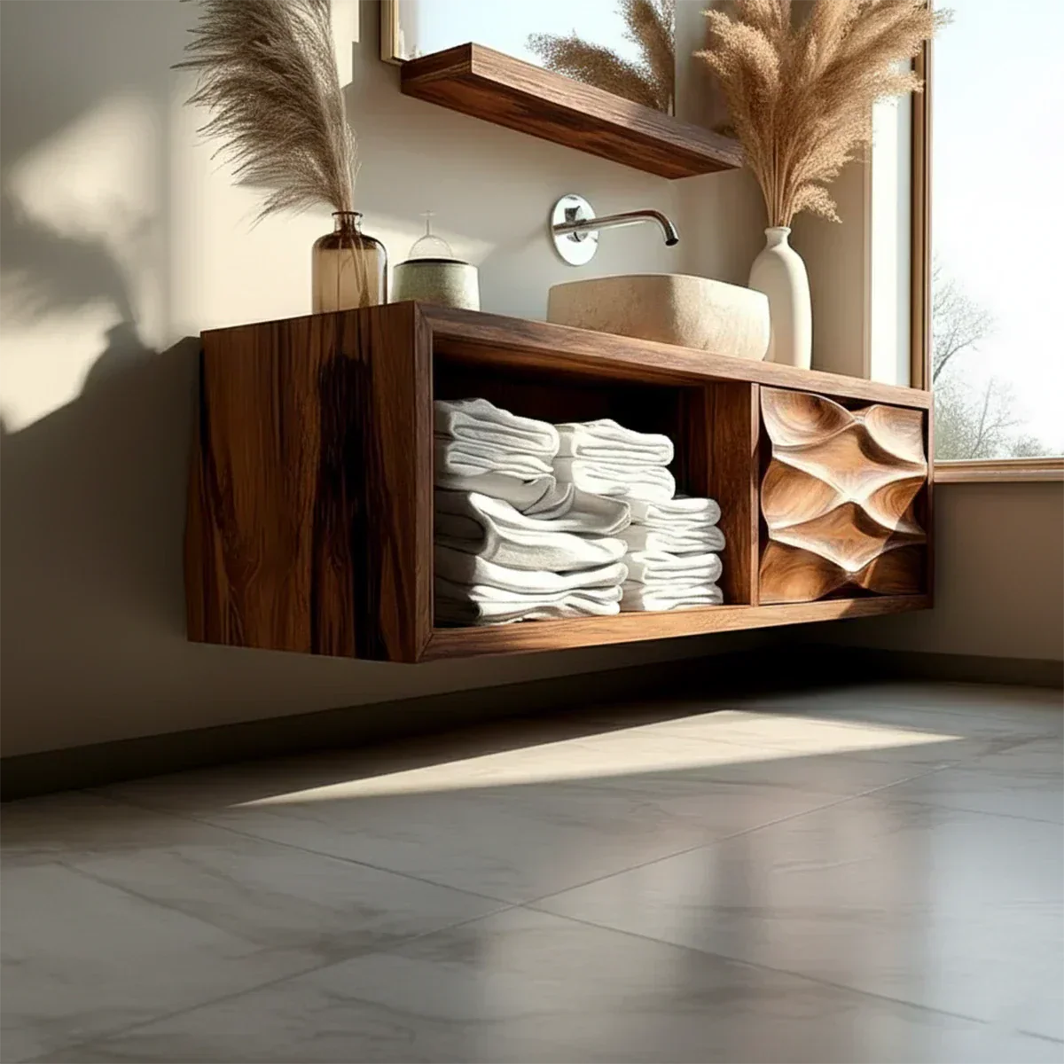 Floating Solid Wood Bathroom Vanity – Hand-Carved Natural Wood Storage Cabinet - Rustiracraft 