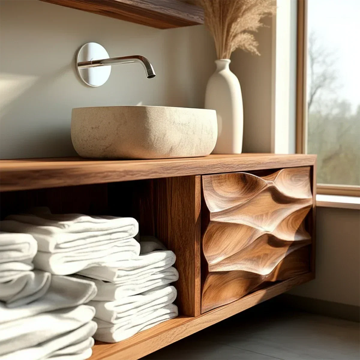Floating Solid Wood Bathroom Vanity – Hand-Carved Natural Wood Storage Cabinet - Rustiracraft 