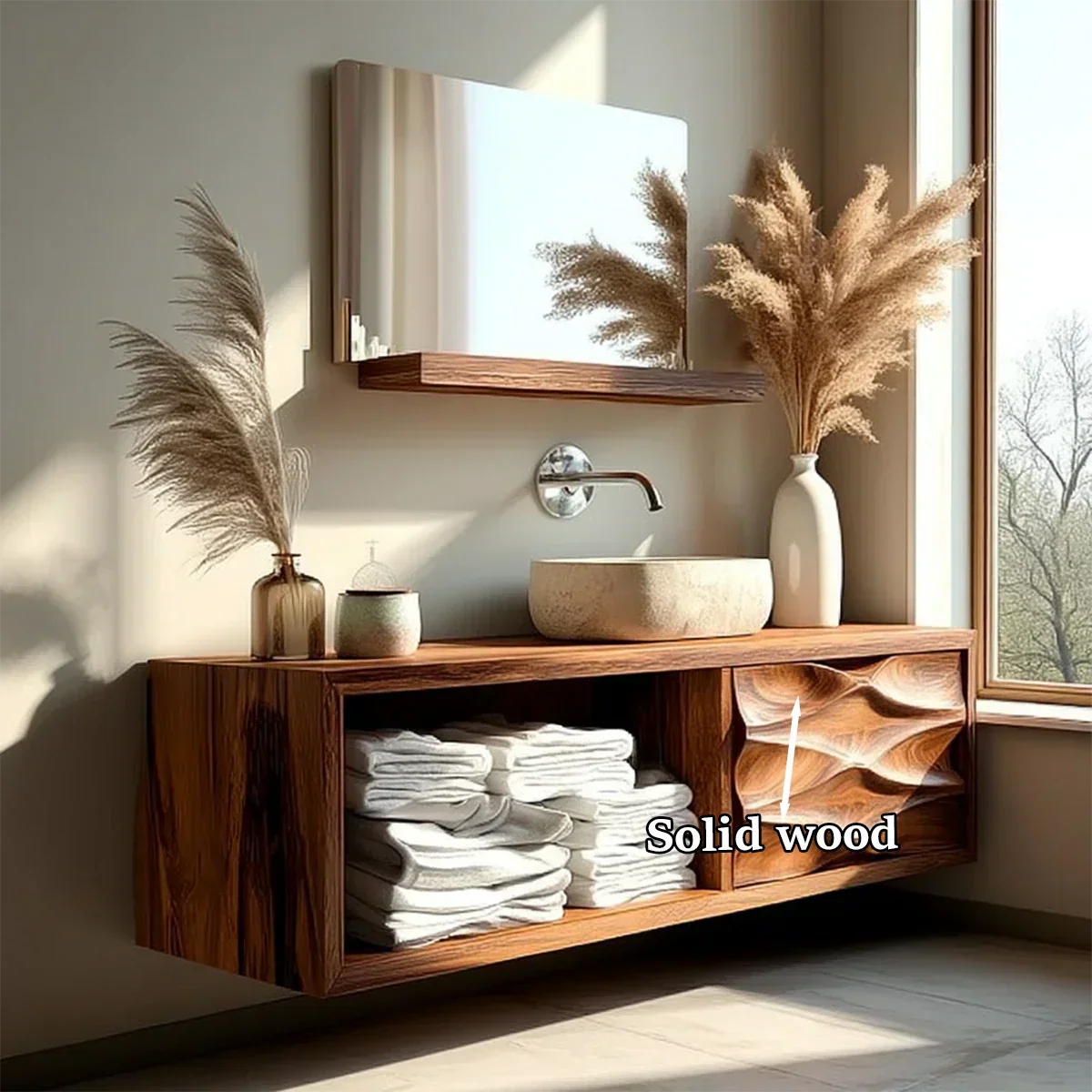 Floating Solid Wood Bathroom Vanity – Hand-Carved Natural Wood Storage Cabinet - Rustiracraft 