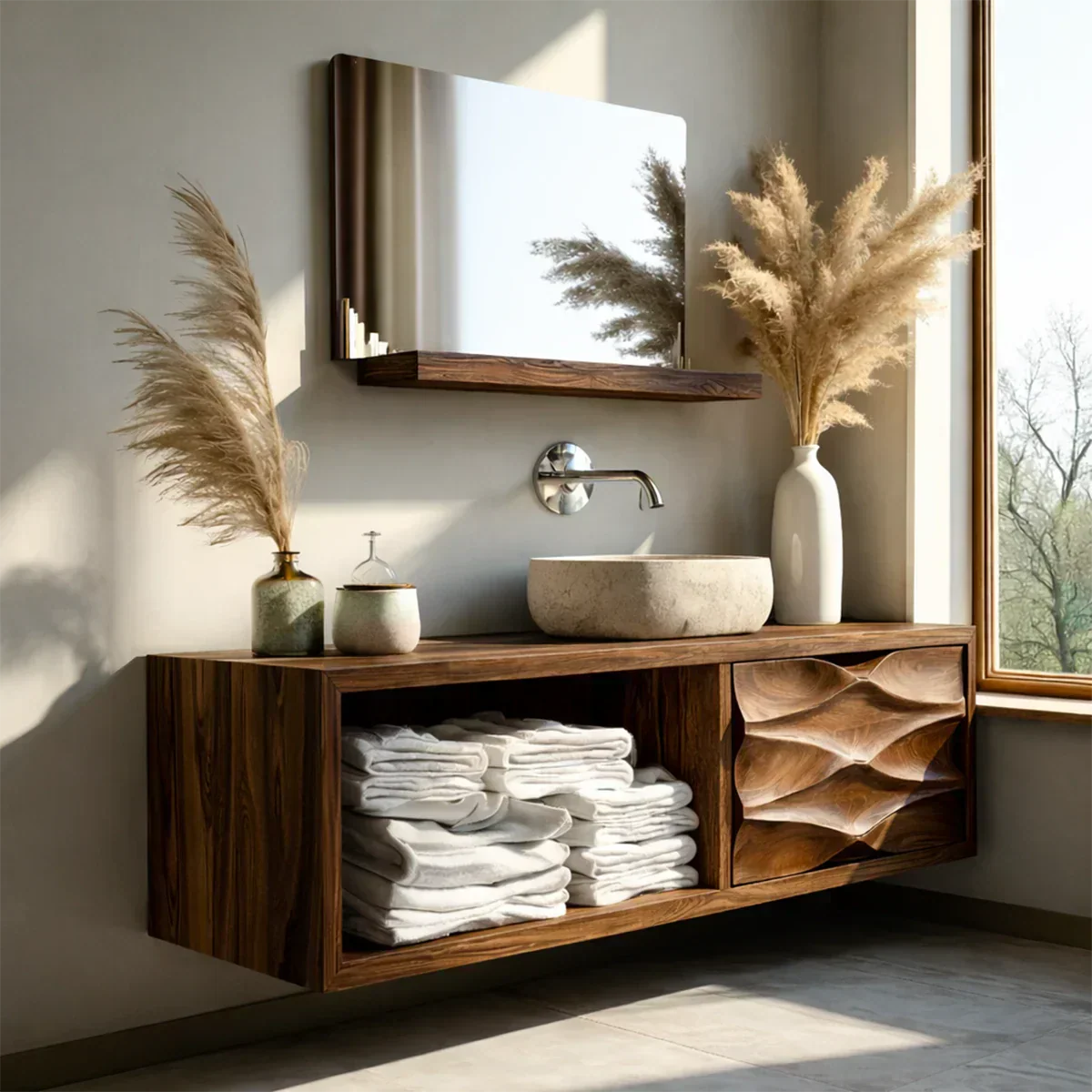 Floating Solid Wood Bathroom Vanity – Hand-Carved Natural Wood Storage Cabinet - Rustiracraft 