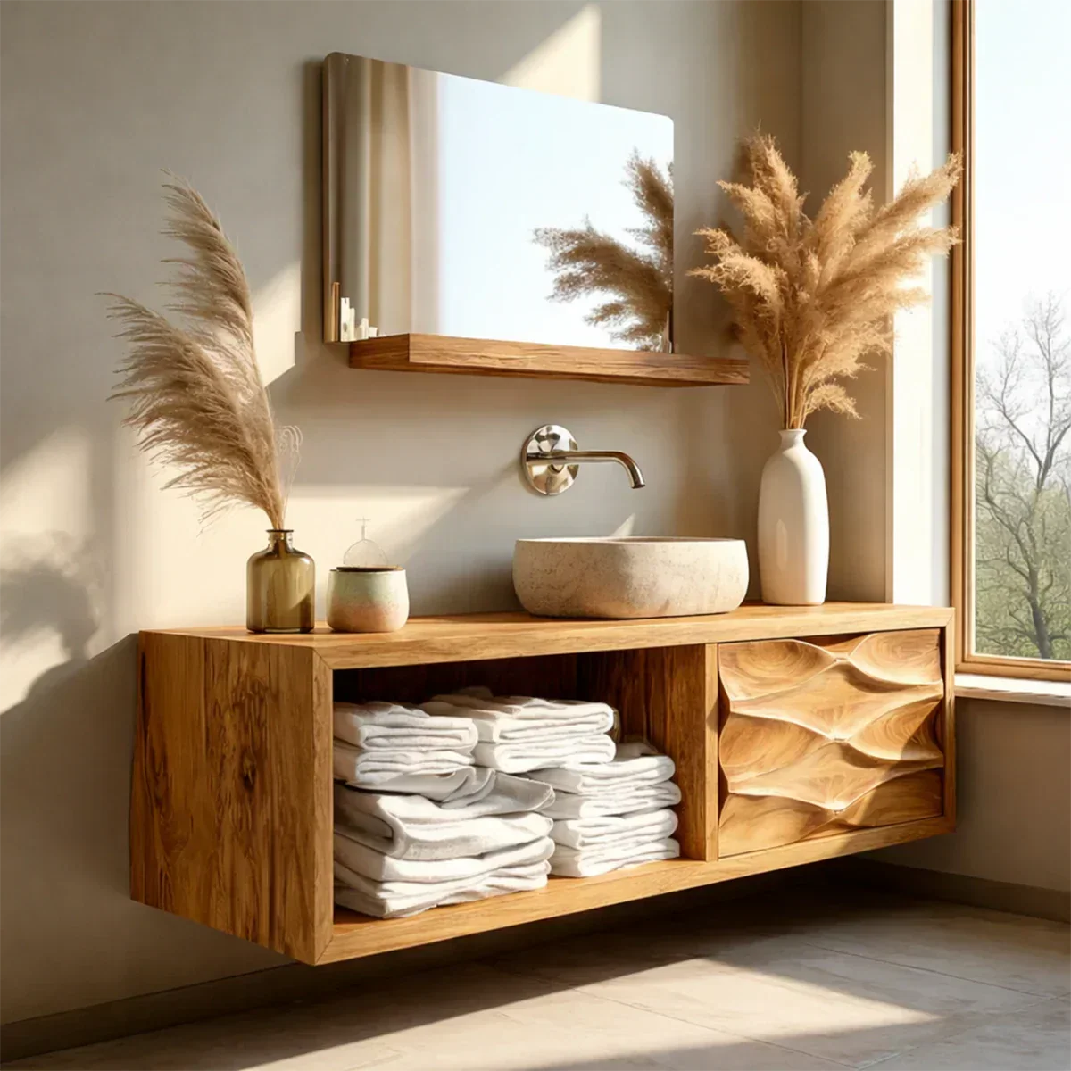 Floating Solid Wood Bathroom Vanity – Hand-Carved Natural Wood Storage Cabinet - Rustiracraft 