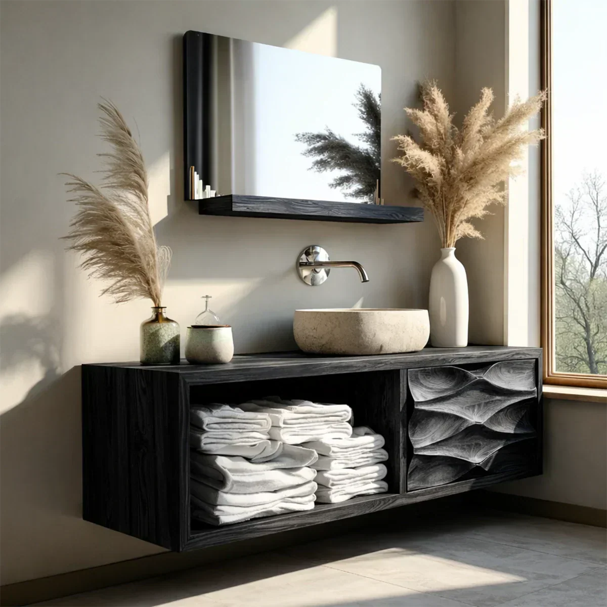 Floating Solid Wood Bathroom Vanity – Hand-Carved Natural Wood Storage Cabinet - Rustiracraft 