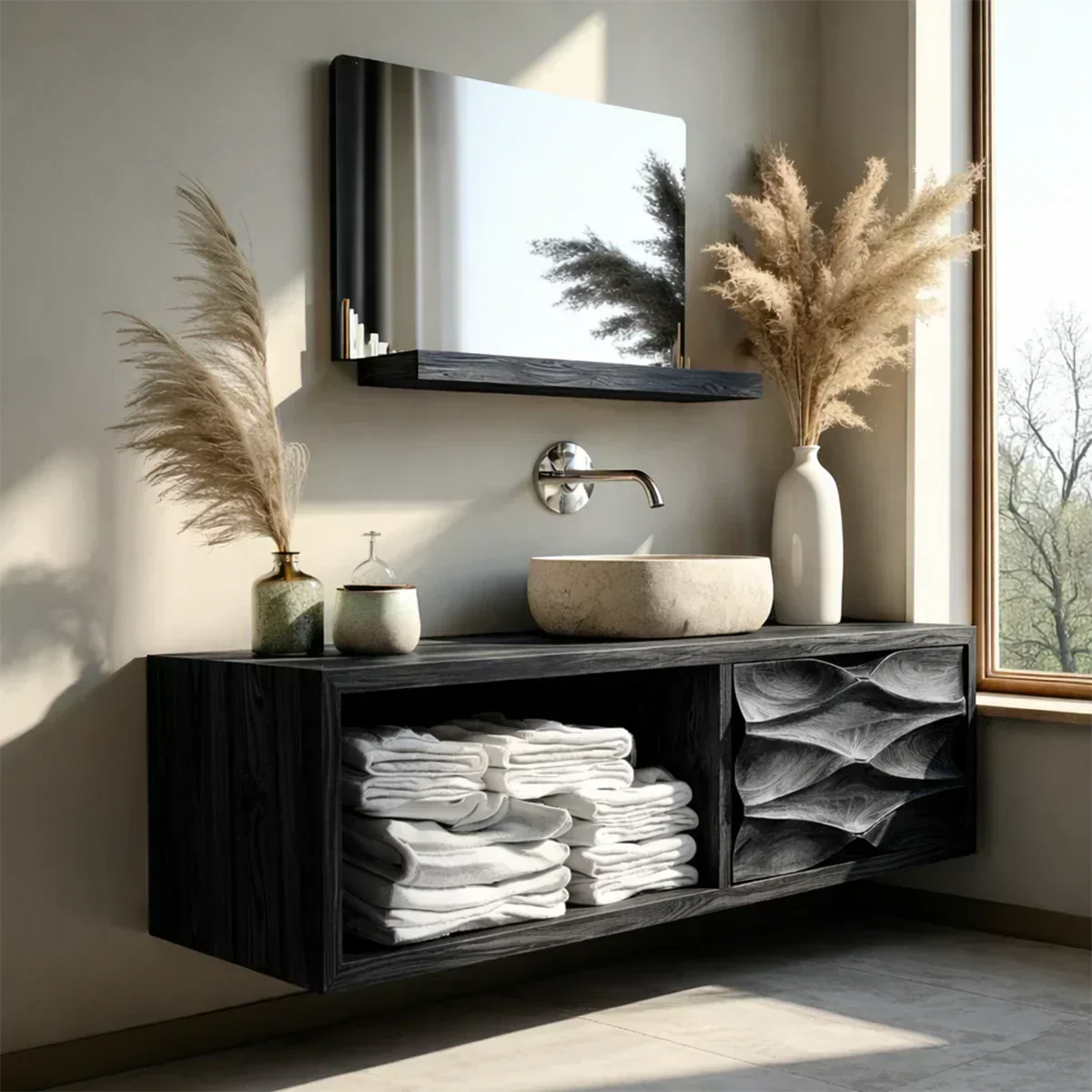 Floating Solid Wood Bathroom Vanity – Hand-Carved Natural Wood Storage Cabinet - Rustiracraft