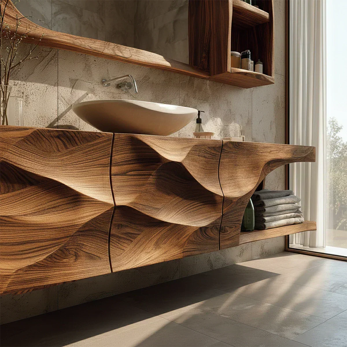 Floating Solid Wood Bathroom Vanity – Hand-Carved Natural Wood Storage Cabinet - Rustiracraft
