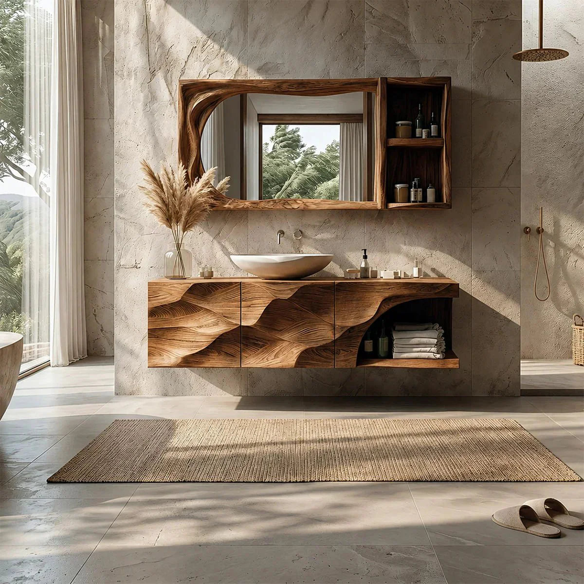 Floating Solid Wood Bathroom Vanity – Hand-Carved Natural Wood Storage Cabinet - Rustiracraft