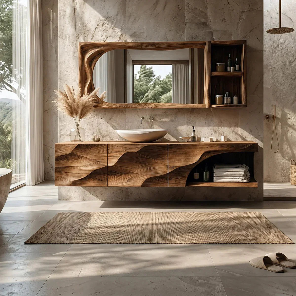 Floating Solid Wood Bathroom Vanity – Hand-Carved Natural Wood Storage Cabinet - Rustiracraft