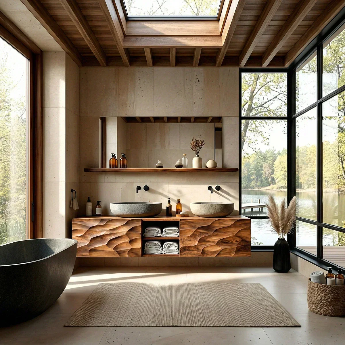 Floating Solid Wood Bathroom Vanity – Hand Carved Sculptural Front Cabinet - Rustiracraft 