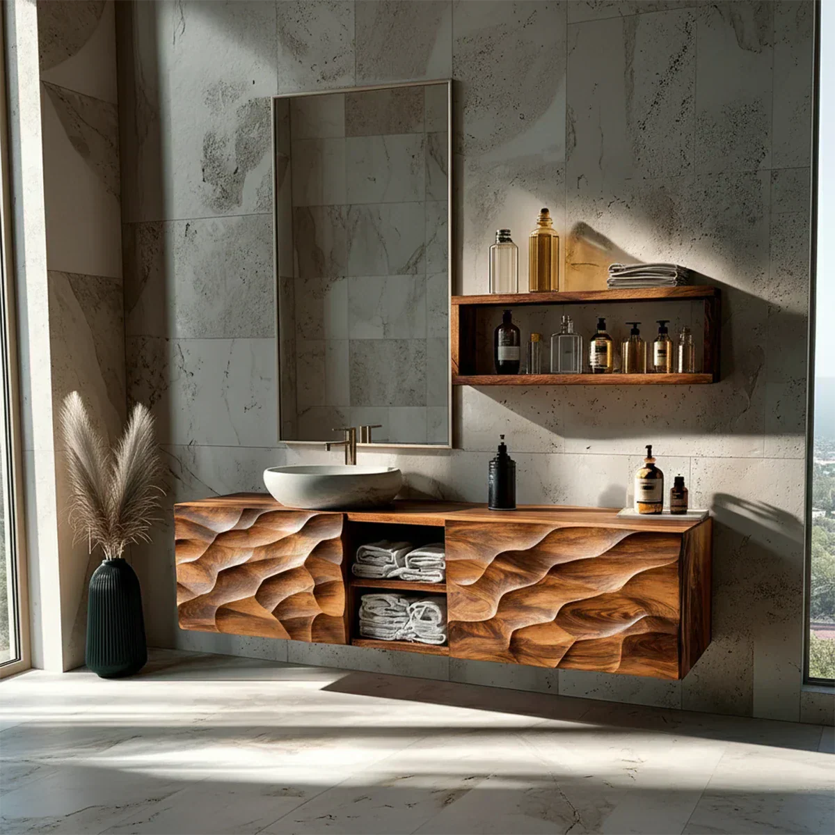Floating Solid Wood Bathroom Vanity – Hand Carved Sculptural Front Cabinet - Rustiracraft 