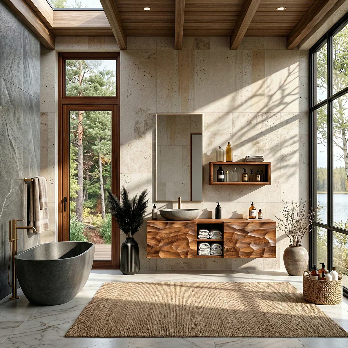 Floating Solid Wood Bathroom Vanity – Hand Carved Sculptural Front Cabinet - Rustiracraft 
