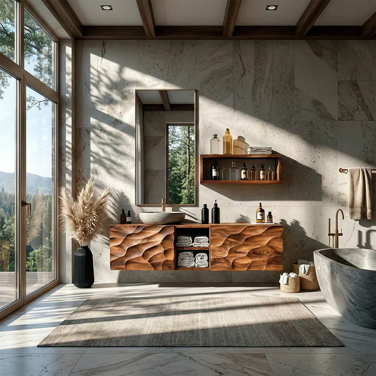 Floating Solid Wood Bathroom Vanity – Hand Carved Sculptural Front Cabinet - Rustiracraft 