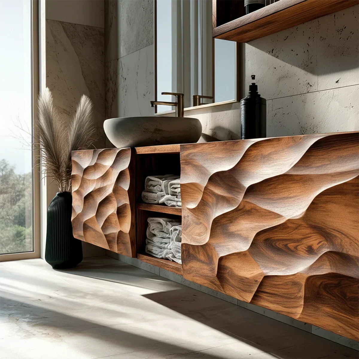 Floating Solid Wood Bathroom Vanity – Hand Carved Sculptural Front Cabinet - Rustiracraft 