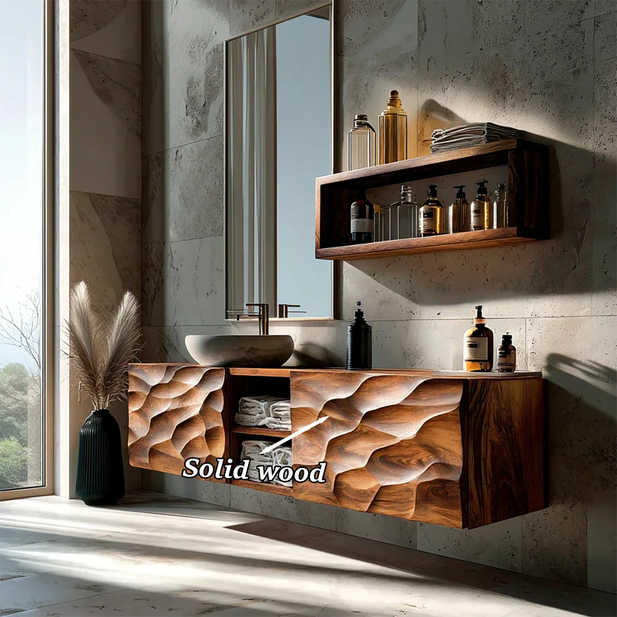 Floating Solid Wood Bathroom Vanity – Hand Carved Sculptural Front Cabinet - Rustiracraft 