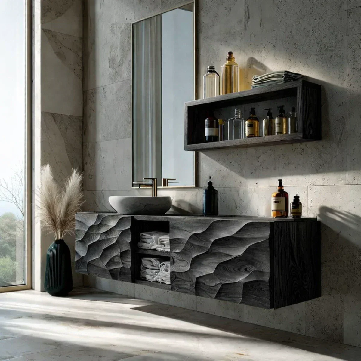 Floating Solid Wood Bathroom Vanity – Hand Carved Sculptural Front Cabinet - Rustiracraft 