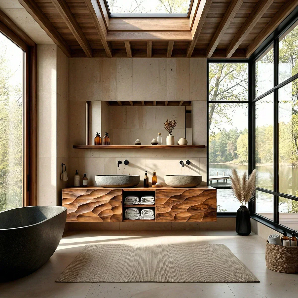 Floating Solid Wood Bathroom Vanity – Hand Carved Sculptural Front Cabinet - Rustiracraft