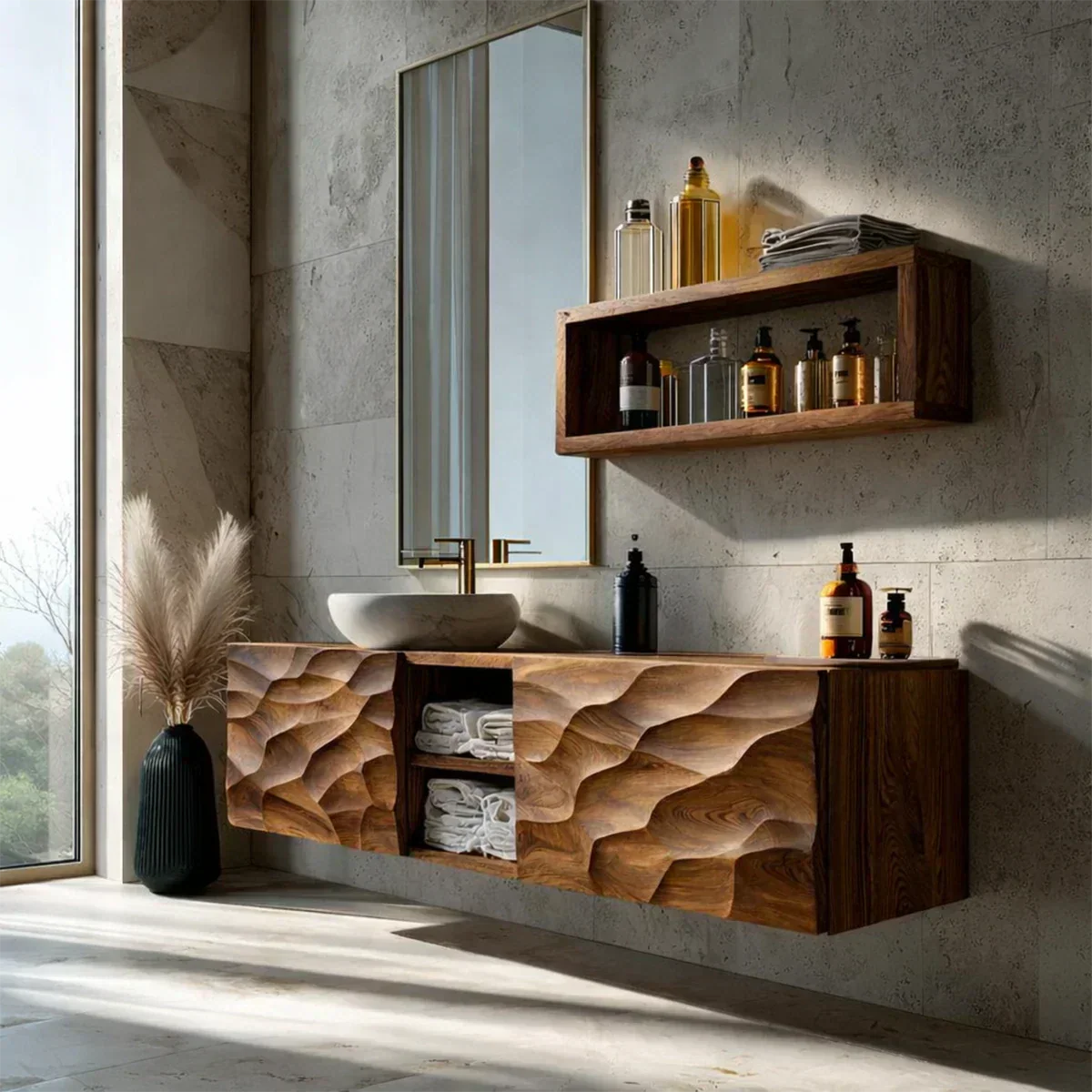 Floating Solid Wood Bathroom Vanity – Hand Carved Sculptural Front Cabinet - Rustiracraft
