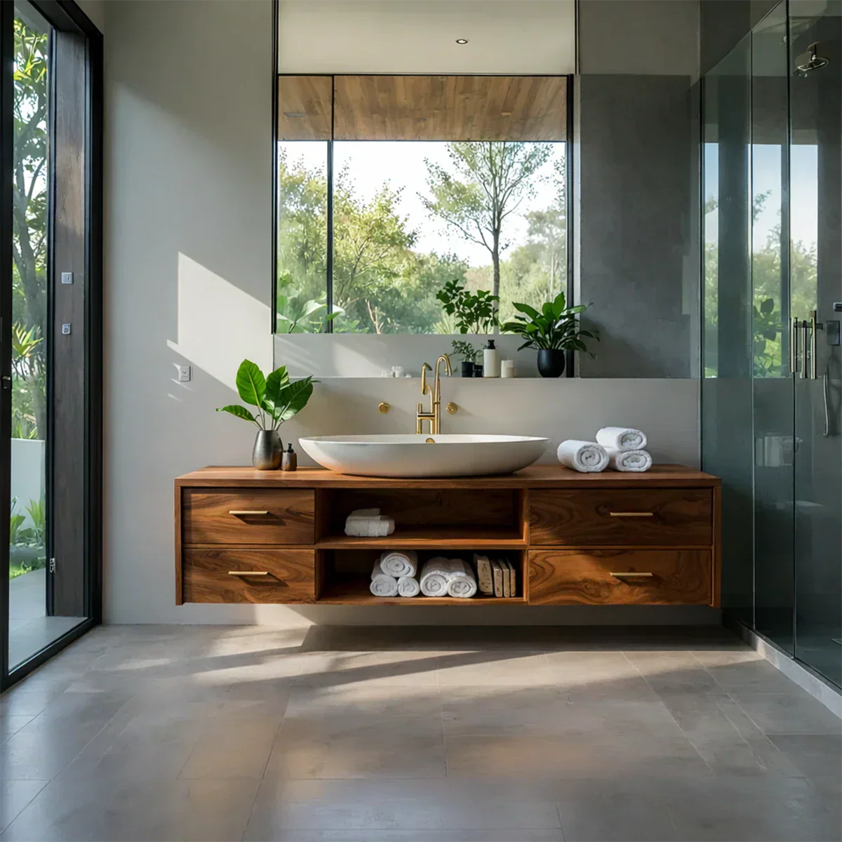 Floating Solid Wood Bathroom Vanity – Modern Vanity with Drawers and Open Shelf - Rustiracraft 