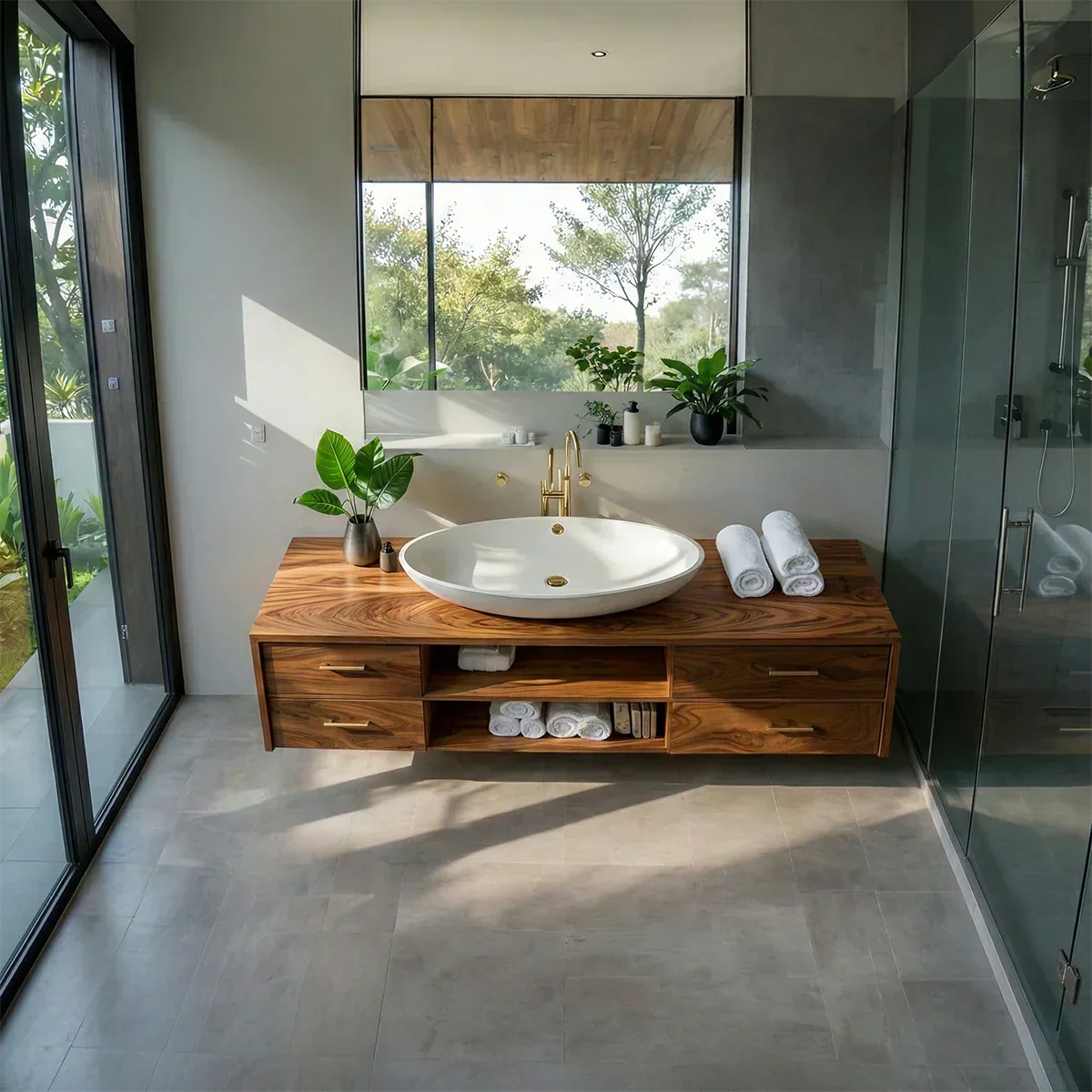 Floating Solid Wood Bathroom Vanity – Modern Vanity with Drawers and Open Shelf - Rustiracraft 