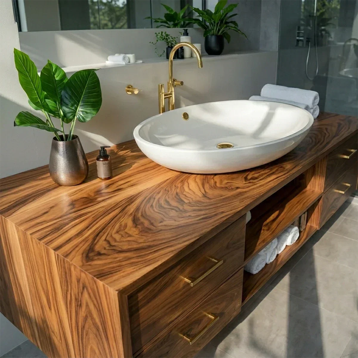 Floating Solid Wood Bathroom Vanity – Modern Vanity with Drawers and Open Shelf - Rustiracraft 