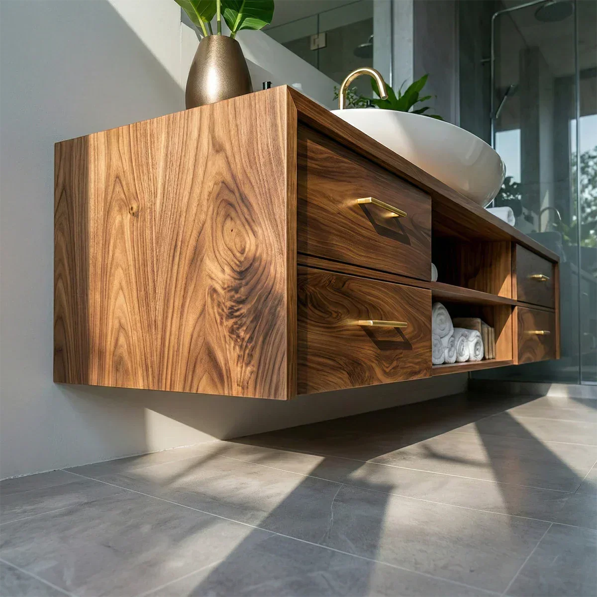 Floating Solid Wood Bathroom Vanity – Modern Vanity with Drawers and Open Shelf - Rustiracraft 