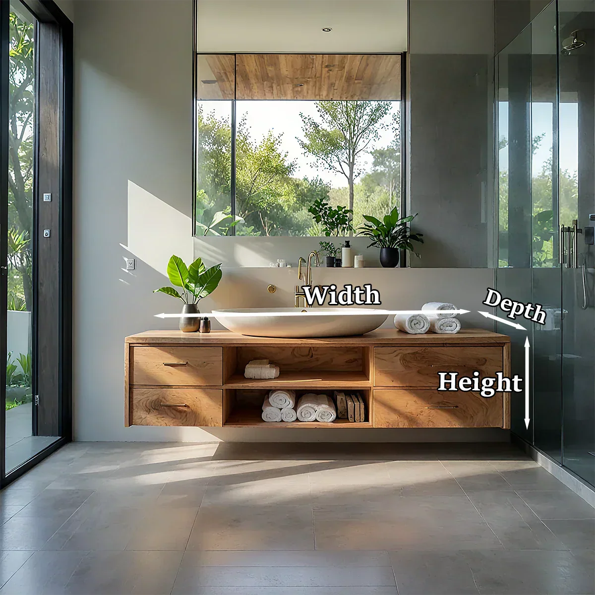 Floating Solid Wood Bathroom Vanity – Modern Vanity with Drawers and Open Shelf - Rustiracraft 