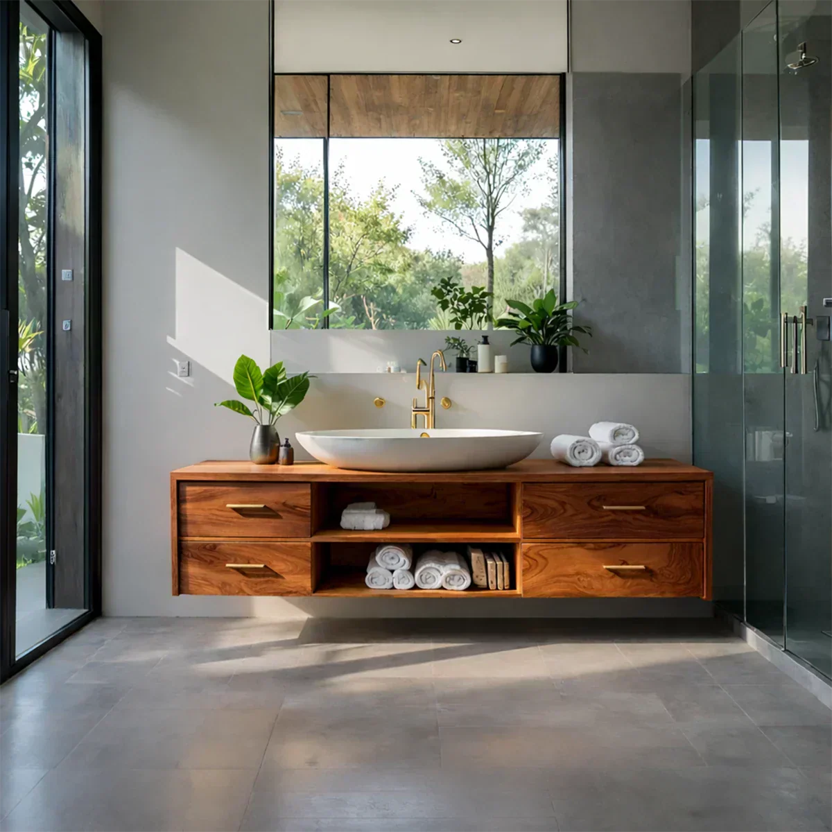 Floating Solid Wood Bathroom Vanity – Modern Vanity with Drawers and Open Shelf - Rustiracraft 