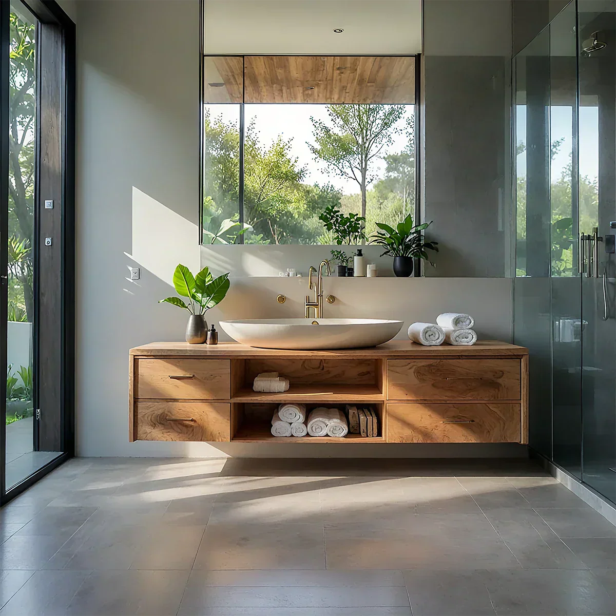 Floating Solid Wood Bathroom Vanity – Modern Vanity with Drawers and Open Shelf - Rustiracraft 