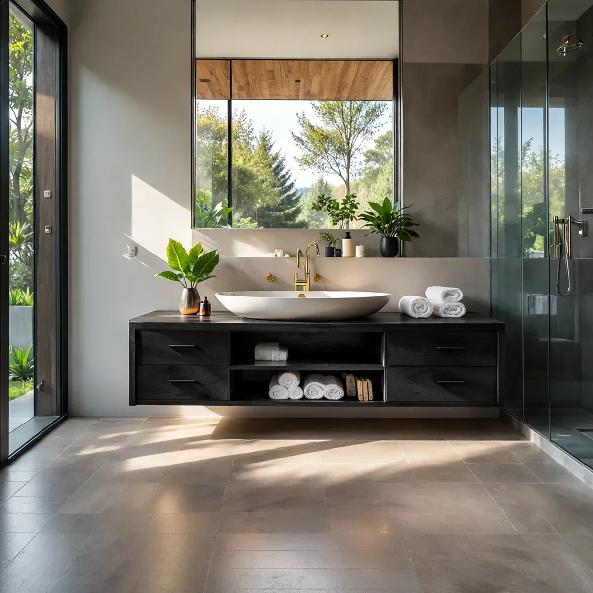 Floating Solid Wood Bathroom Vanity – Modern Vanity with Drawers and Open Shelf - Rustiracraft 