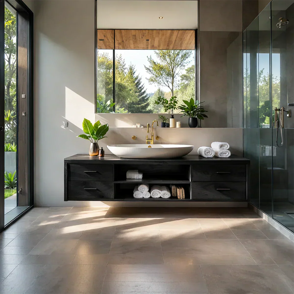 Floating Solid Wood Bathroom Vanity – Modern Vanity with Drawers and Open Shelf - Rustiracraft