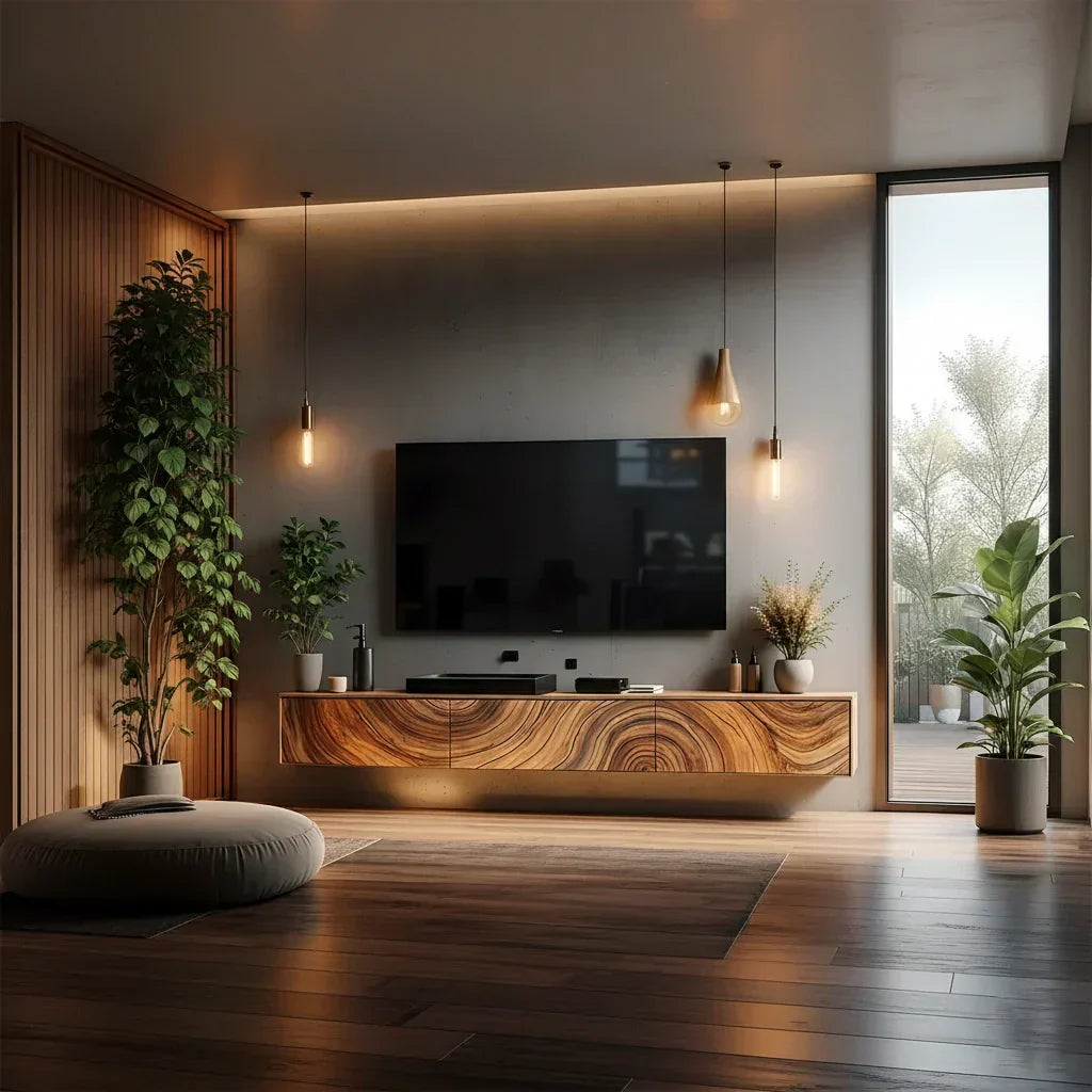 Floating Solid Wood TV Console with Artistic Grain & Soft Edge Design - Rustiracraft 
