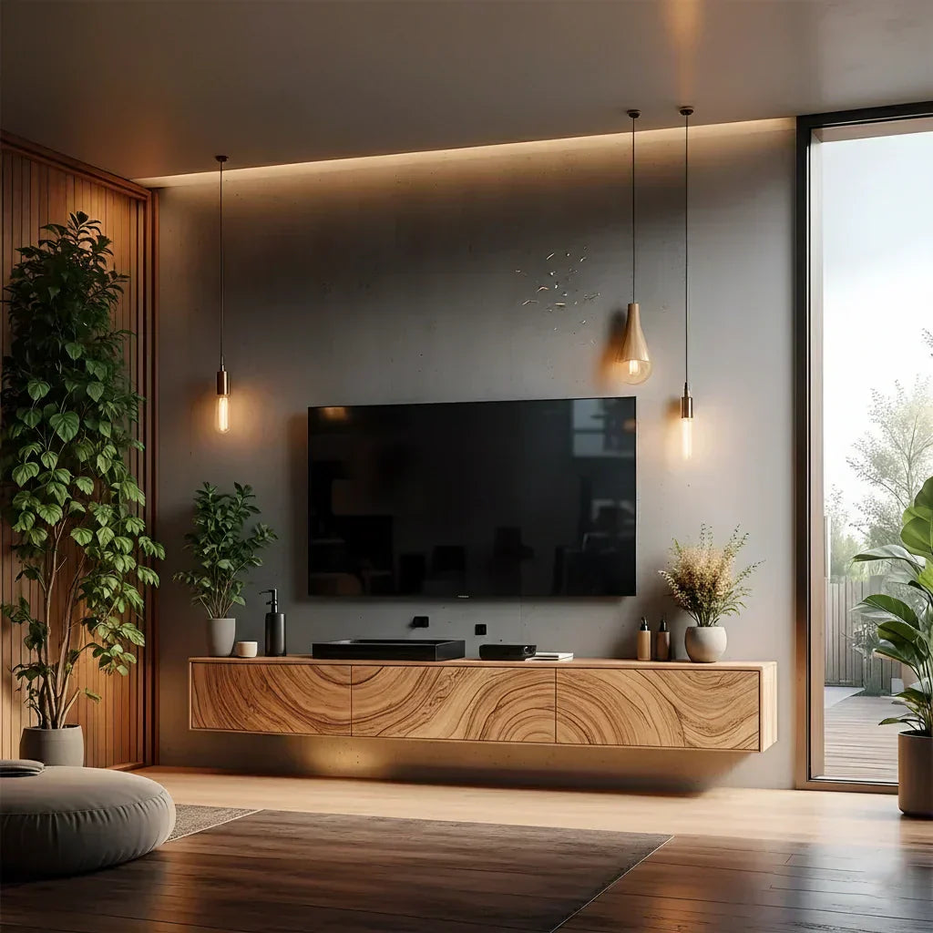 Floating Solid Wood TV Console with Artistic Grain & Soft Edge Design - Rustiracraft 