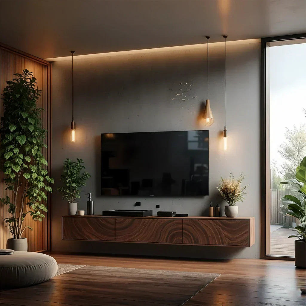 Floating Solid Wood TV Console with Artistic Grain & Soft Edge Design - Rustiracraft 