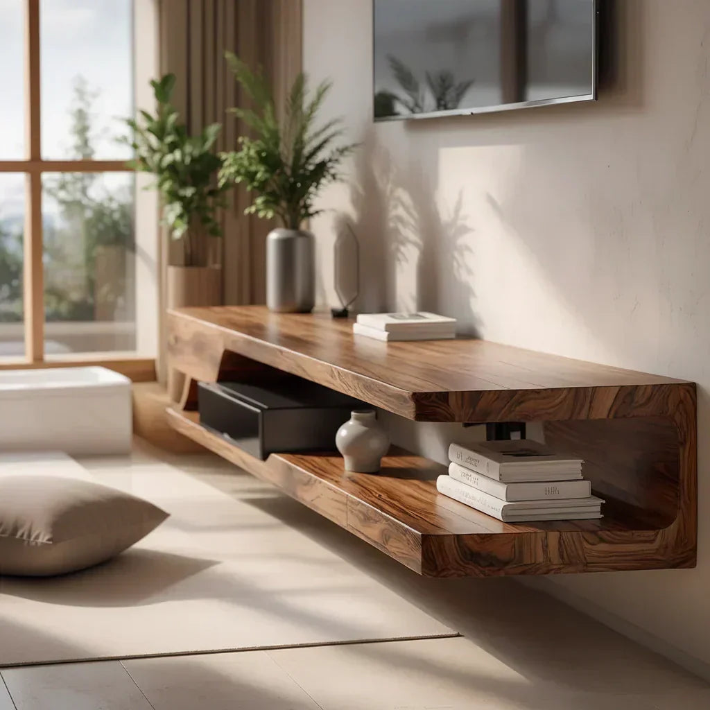 Floating Solid Wood TV Stand – Minimal Organic Modern Wall-Mounted Console - Rustiracraft