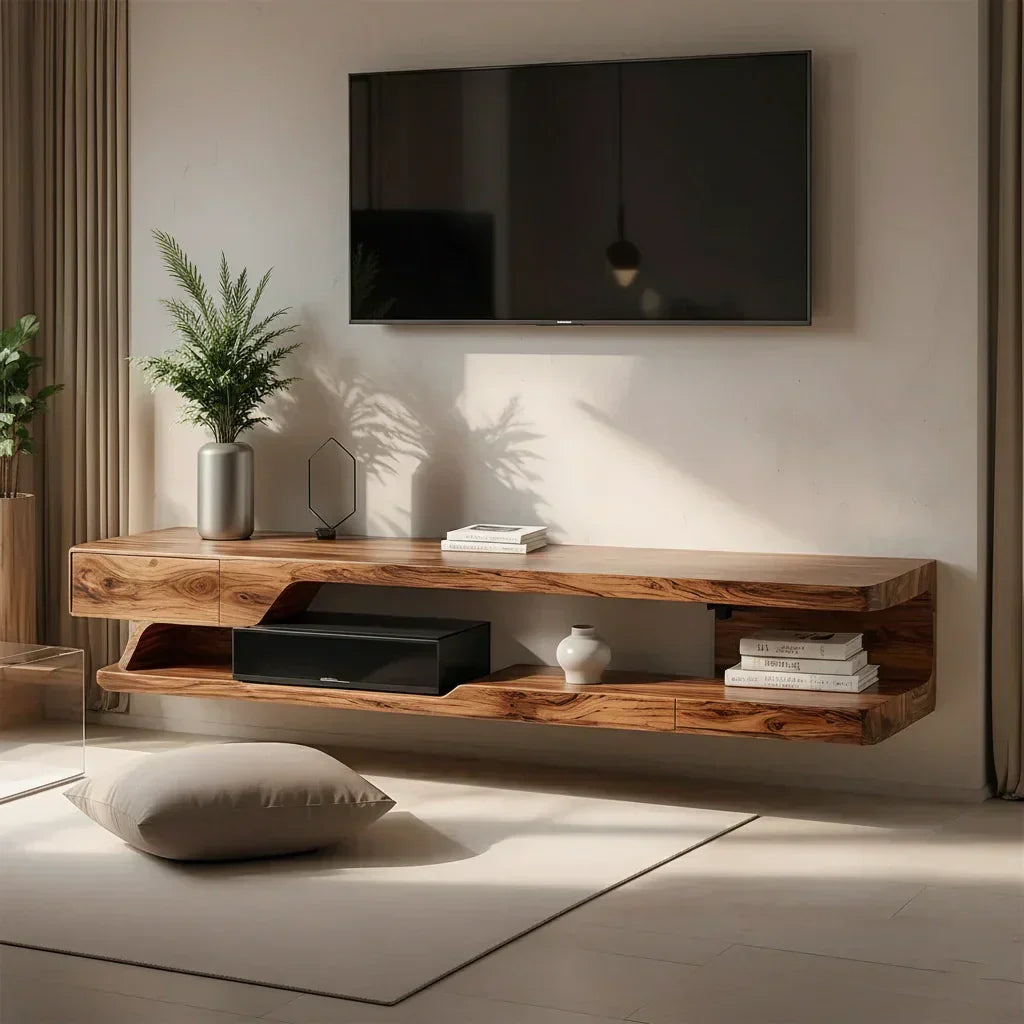 Floating Solid Wood TV Stand – Minimal Organic Modern Wall-Mounted Console - Rustiracraft