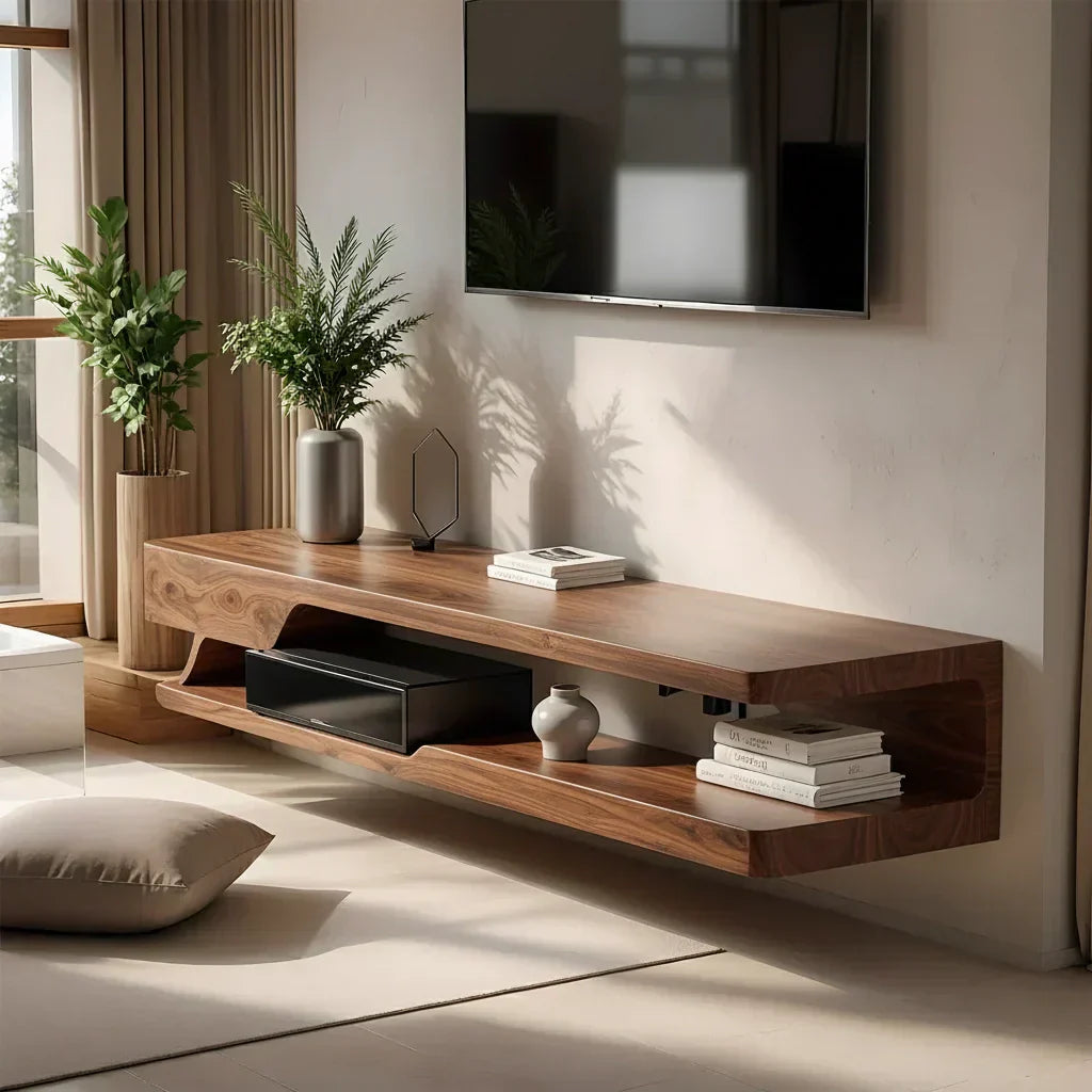 Floating Solid Wood TV Stand – Minimal Organic Modern Wall-Mounted Console - Rustiracraft