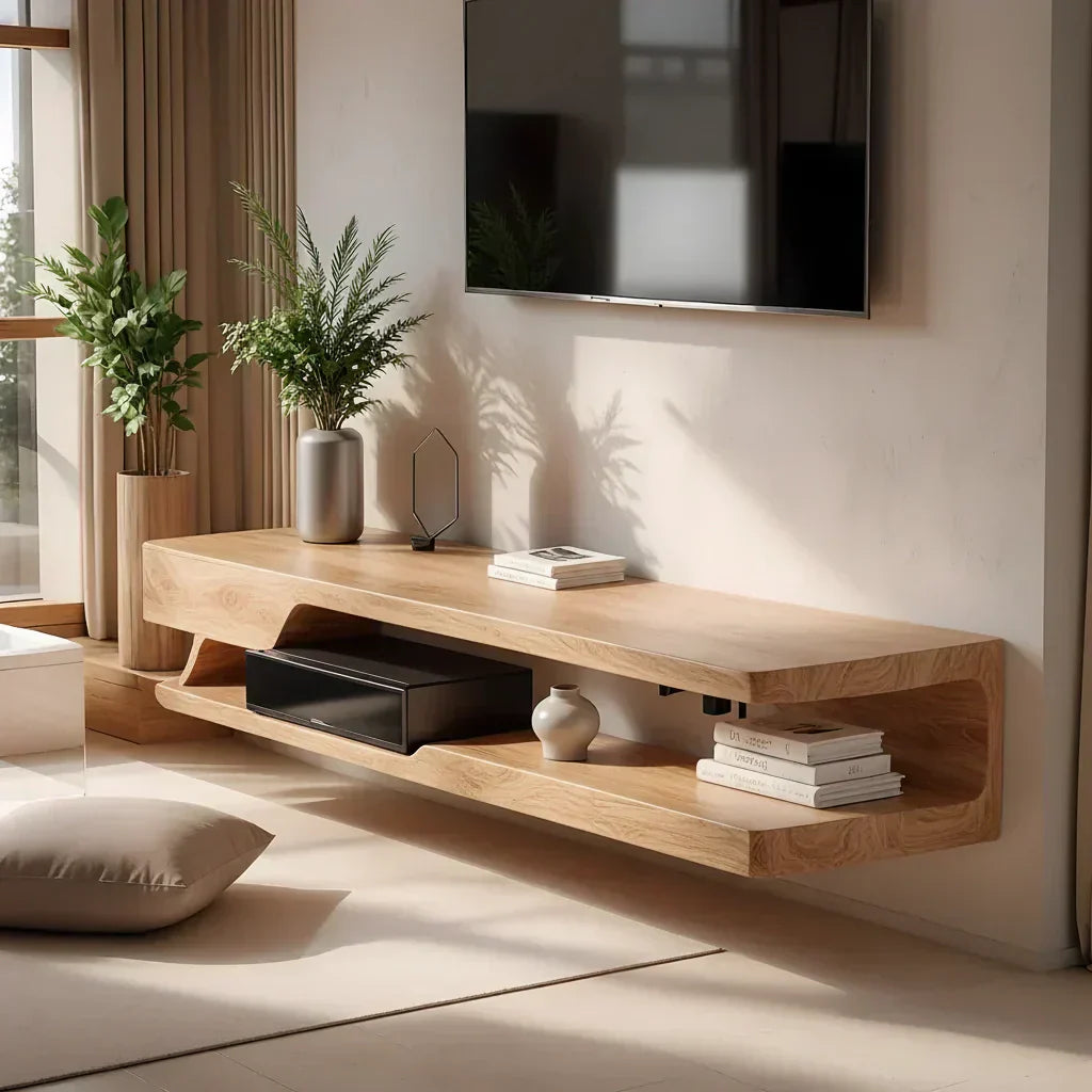 Floating Solid Wood TV Stand – Minimal Organic Modern Wall-Mounted Console - Rustiracraft