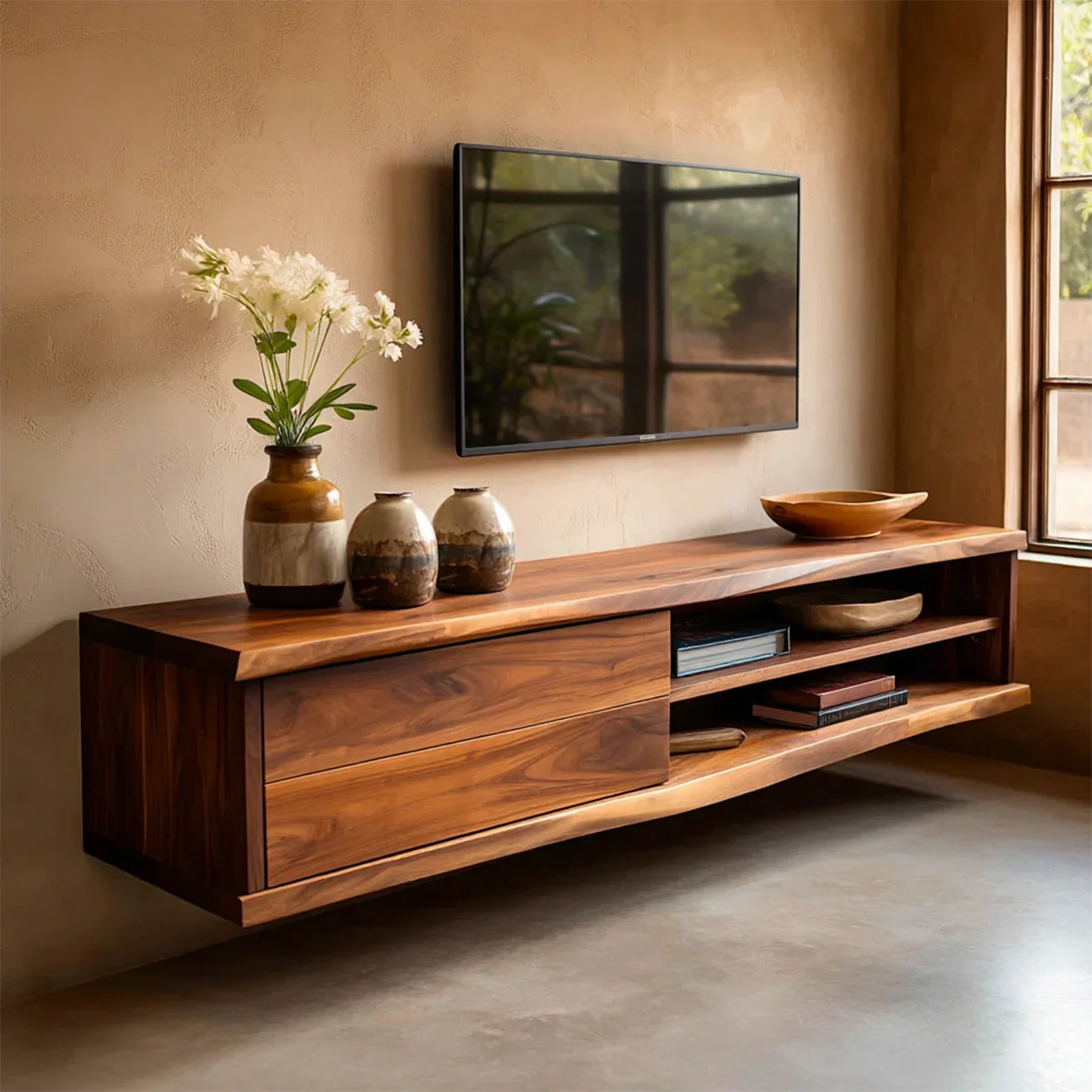 Floating Solid Wood TV Stand with Dual Shelf Storage and Clean Modern Form - Rustiracraft 