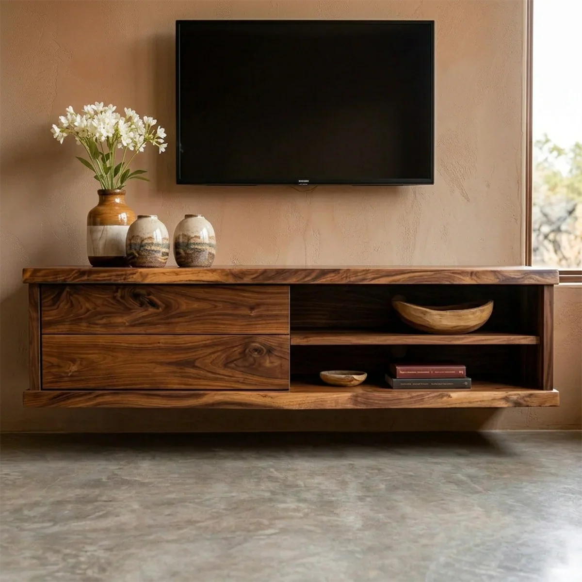Floating Solid Wood TV Stand with Dual Shelf Storage and Clean Modern Form - Rustiracraft 