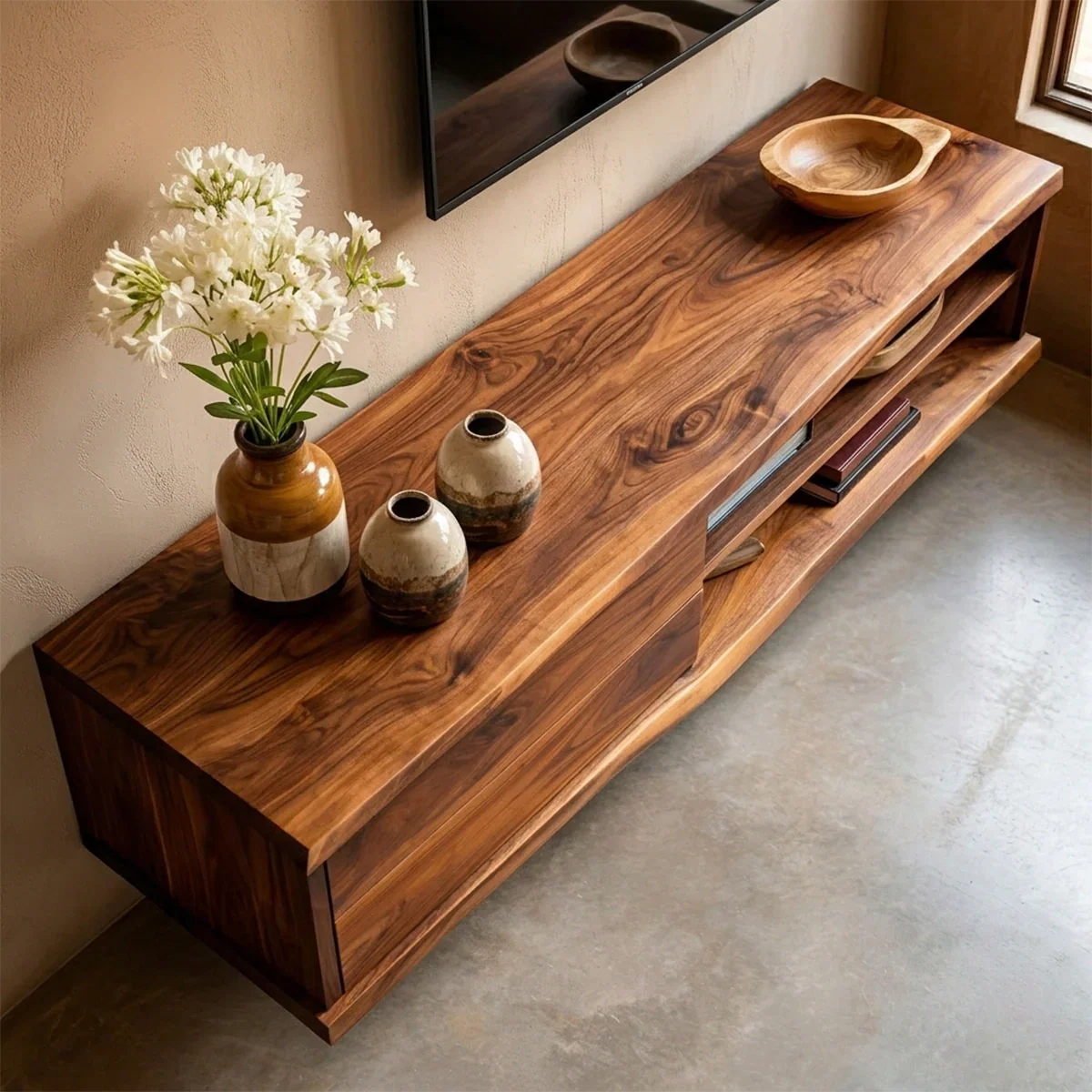 Floating Solid Wood TV Stand with Dual Shelf Storage and Clean Modern Form - Rustiracraft 