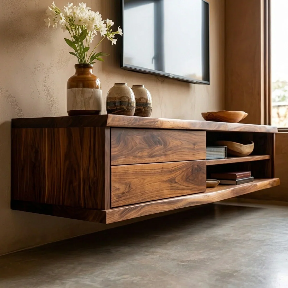 Floating Solid Wood TV Stand with Dual Shelf Storage and Clean Modern Form - Rustiracraft 