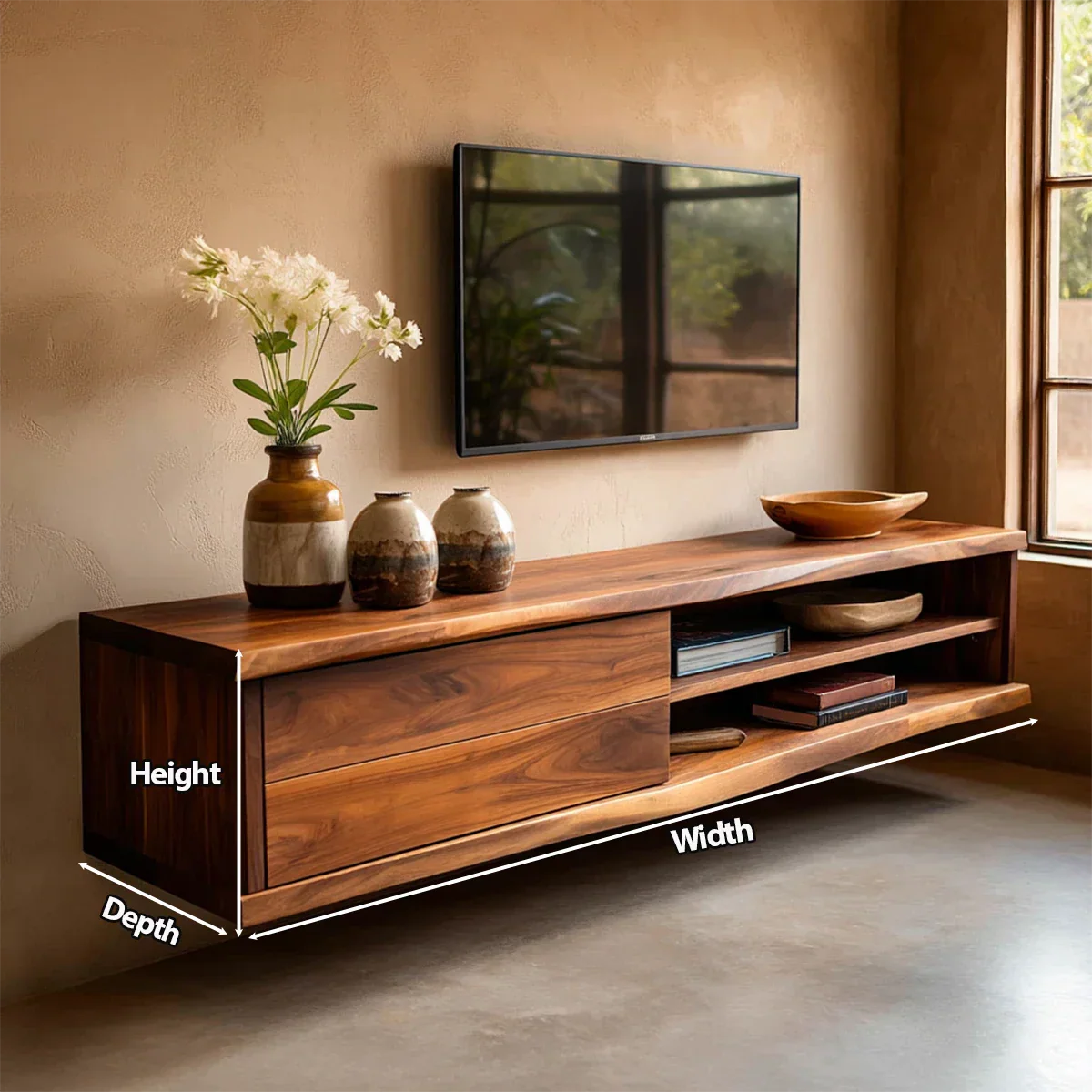 Floating Solid Wood TV Stand with Dual Shelf Storage and Clean Modern Form - Rustiracraft 