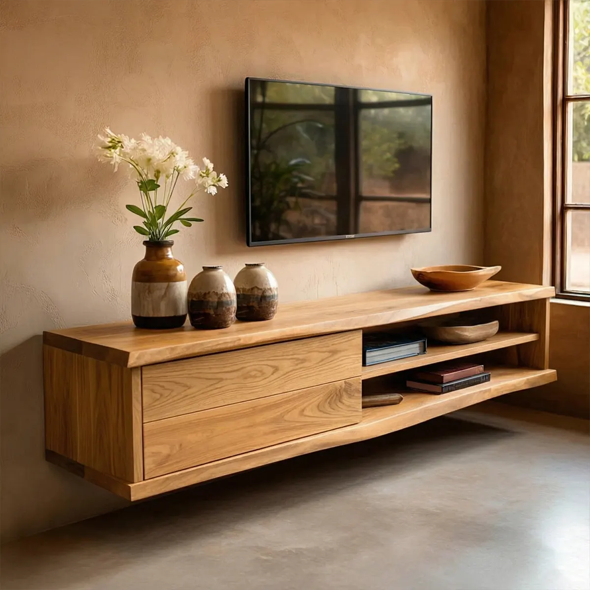 Floating Solid Wood TV Stand with Dual Shelf Storage and Clean Modern Form - Rustiracraft 
