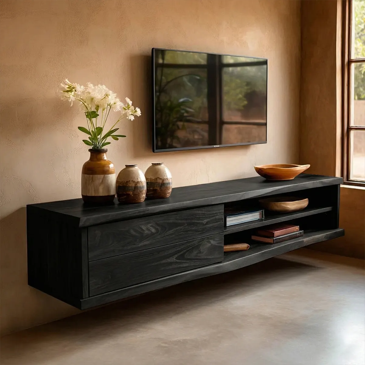 Floating Solid Wood TV Stand with Dual Shelf Storage and Clean Modern Form - Rustiracraft 