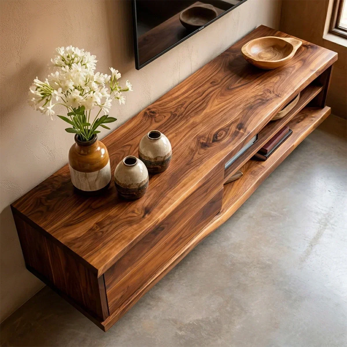 Floating Solid Wood TV Stand with Dual Shelf Storage and Clean Modern Form - Rustiracraft