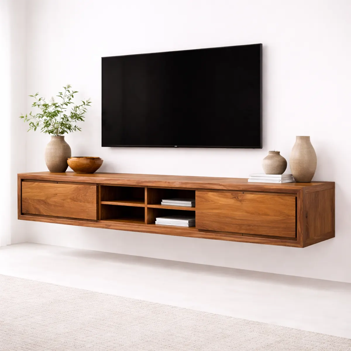 Floating Solid Wood TV Stand with Open Shelving Minimalist Media Console - Rustiracraft 