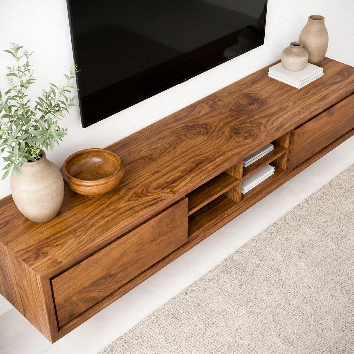 Floating Solid Wood TV Stand with Open Shelving Minimalist Media Console - Rustiracraft 