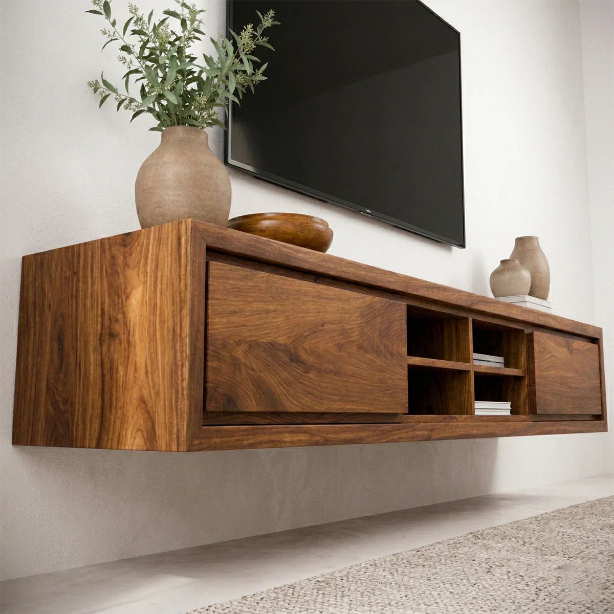 Floating Solid Wood TV Stand with Open Shelving Minimalist Media Console - Rustiracraft 